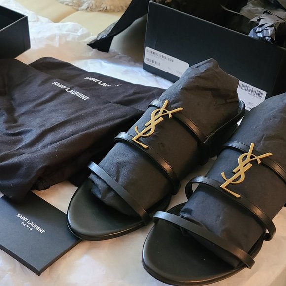 YSL Saint Laurent Cassandra Flat Leather Sandal Black With Gold Ysl LogoSz 39.5 - Picture 16 of 16